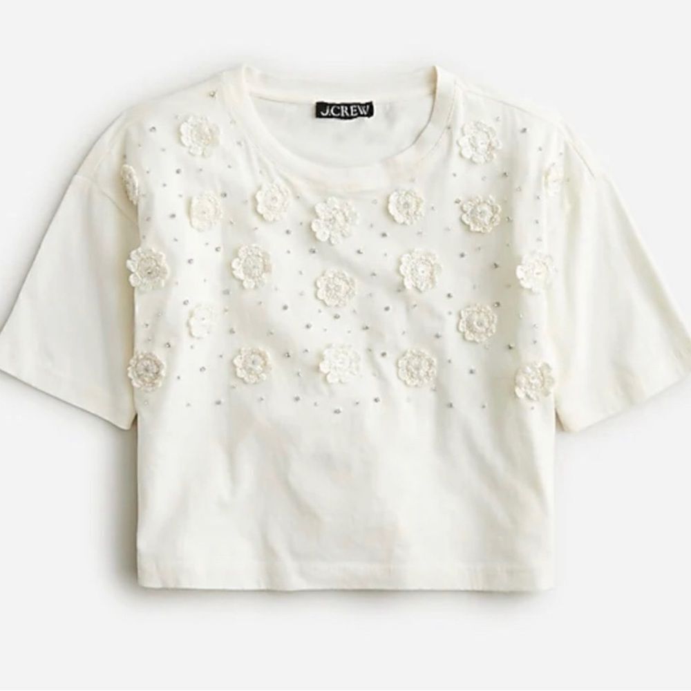 J.Crew Cropped T-shirt with crochet floral appliqués NWT Size XS